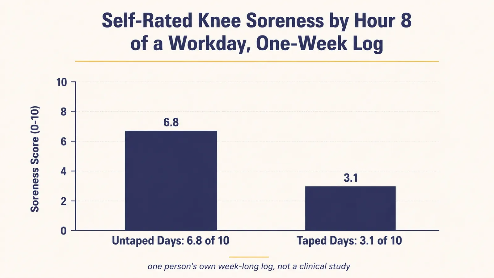 Bar chart titled Self-Rated Knee Awareness, Taped vs Untaped, showing scores of 6.8 untaped and 3.1 taped on a 10-point soreness scale across a one-week log
