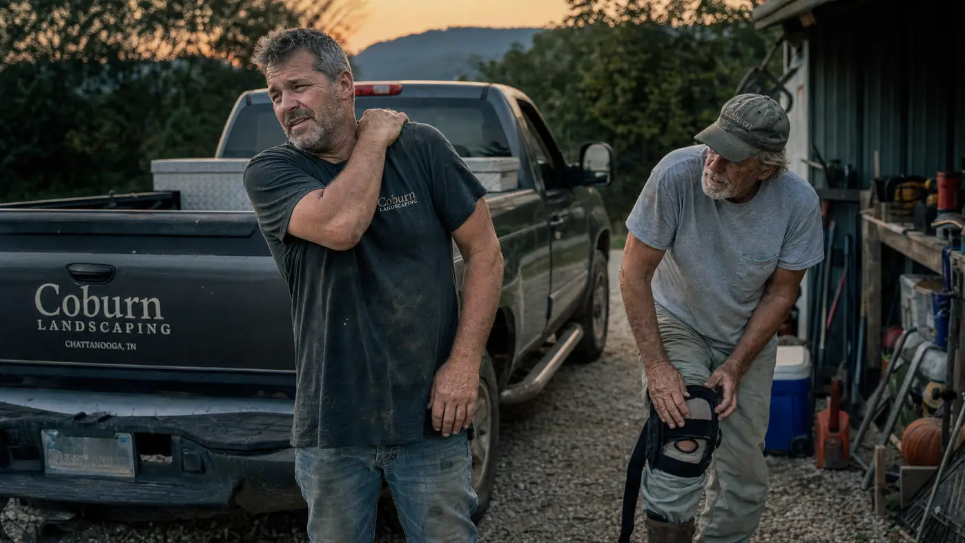 Two men in work clothes stretching and talking beside a landscaping truck at the end of a shift