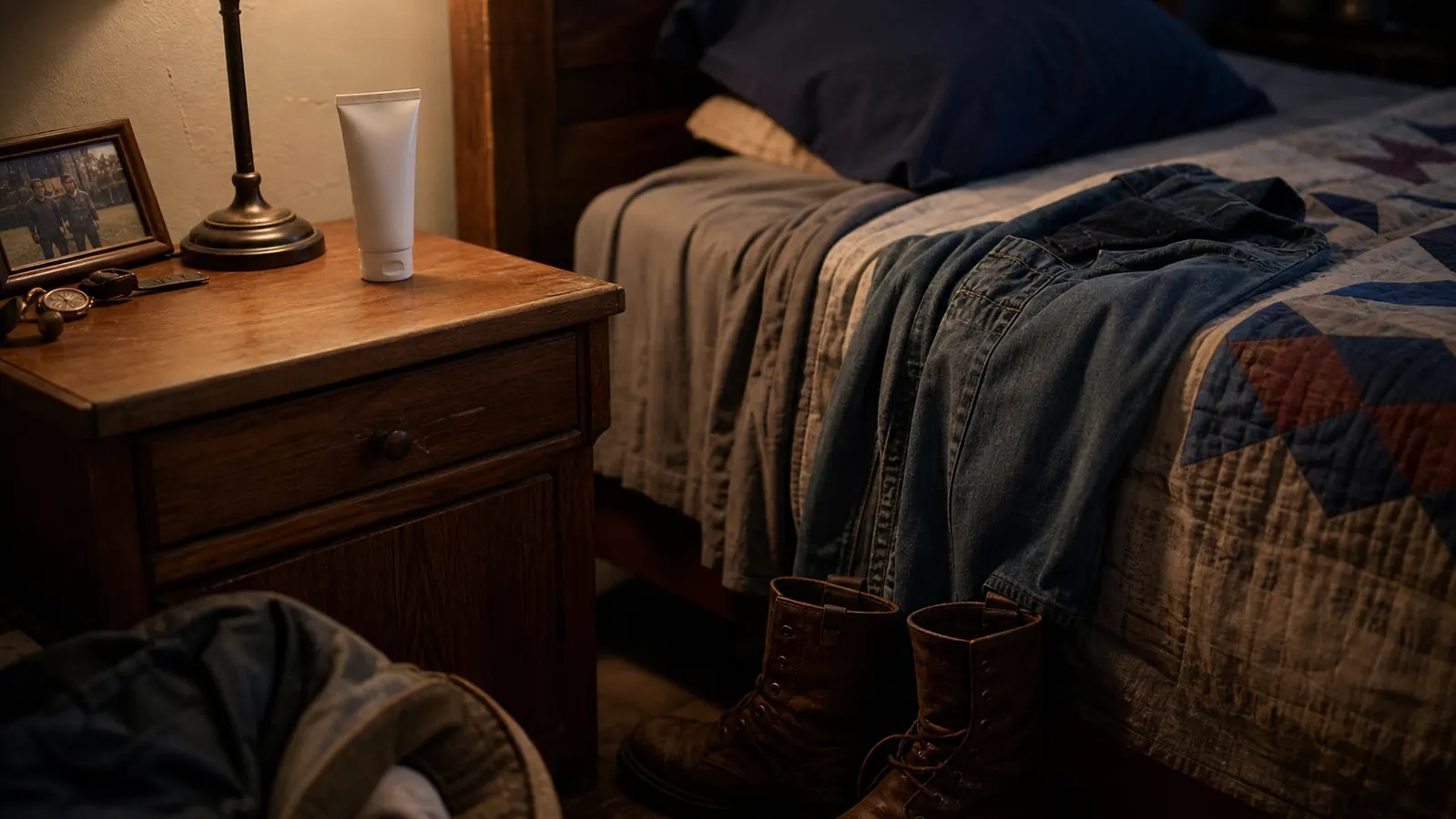 A tube of menthol muscle rub sitting on a nightstand next to a lamp, evening bedtime routine