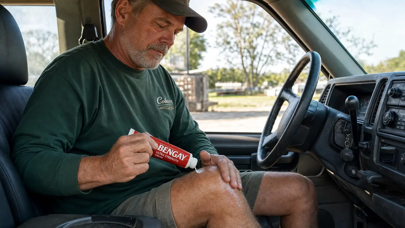 A hand rubbing menthol muscle cream into a quad muscle while sitting in a truck cab, the cream tube resting on the seat