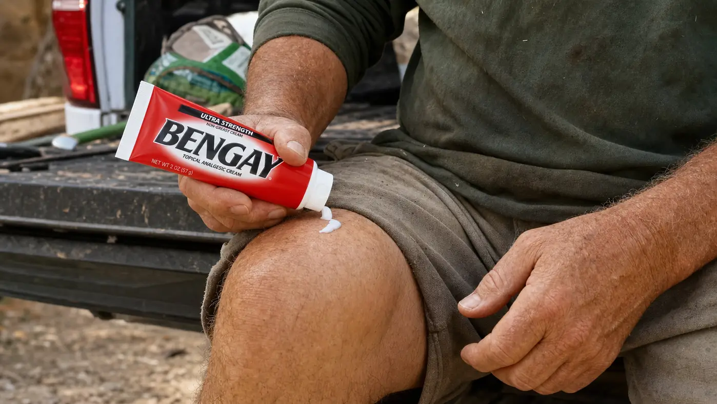 A hand squeezing white cream from a tube onto a bare knee before rubbing it in on a truck tailbed