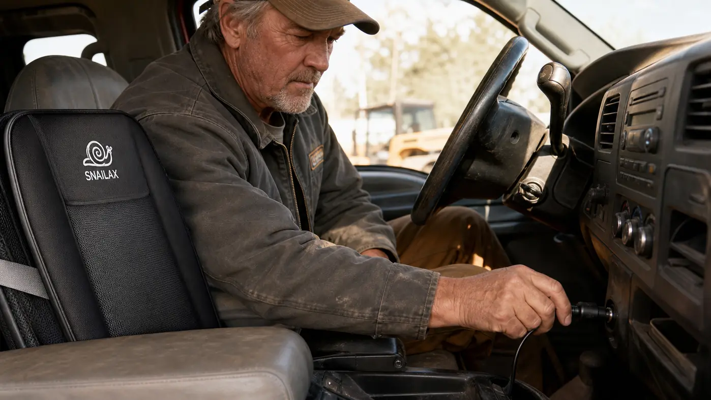 A man's hand plugging a heated massage seat cushion's cord into a truck's 12-volt outlet near the center console