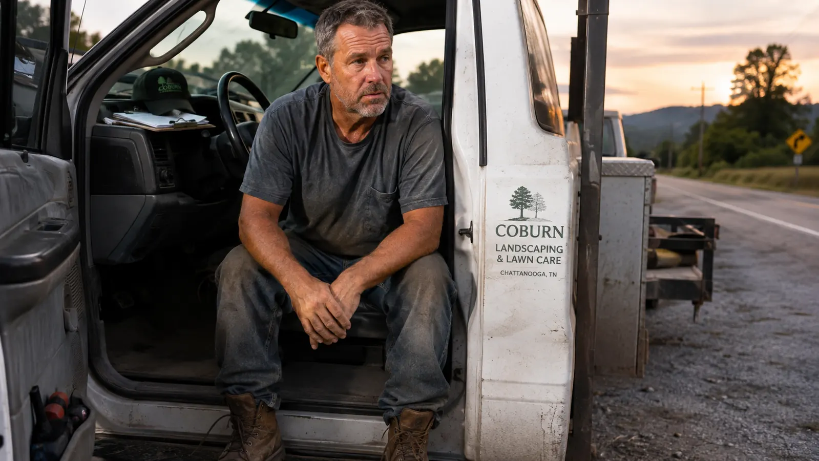 A man in a work truck cab in the evening, resting after applying cream to his lower back and shoulders