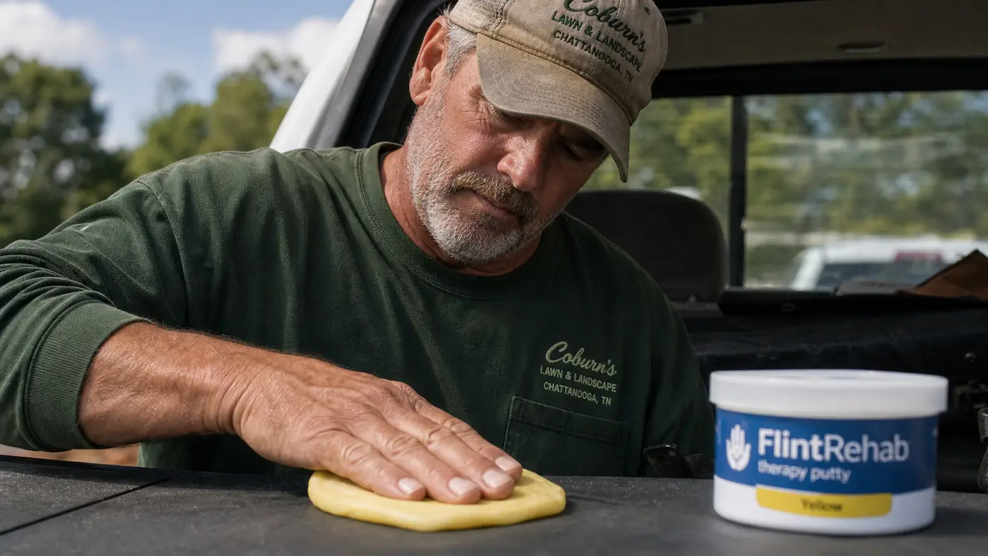 Hand pressing fingers flat into a disc of yellow therapy putty on a truck dashboard