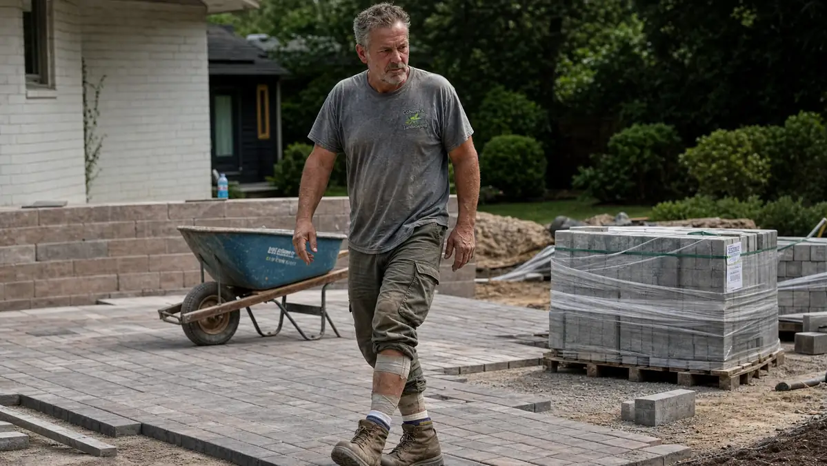 Man walking across a paver patio job site in work boots with taped shins visible under rolled cargo pants
