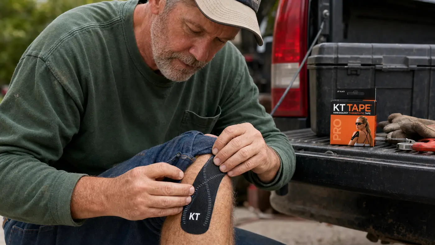 Hands smoothing down a strip of kinesiology tape onto a knee, work boots and truck bed visible in the background