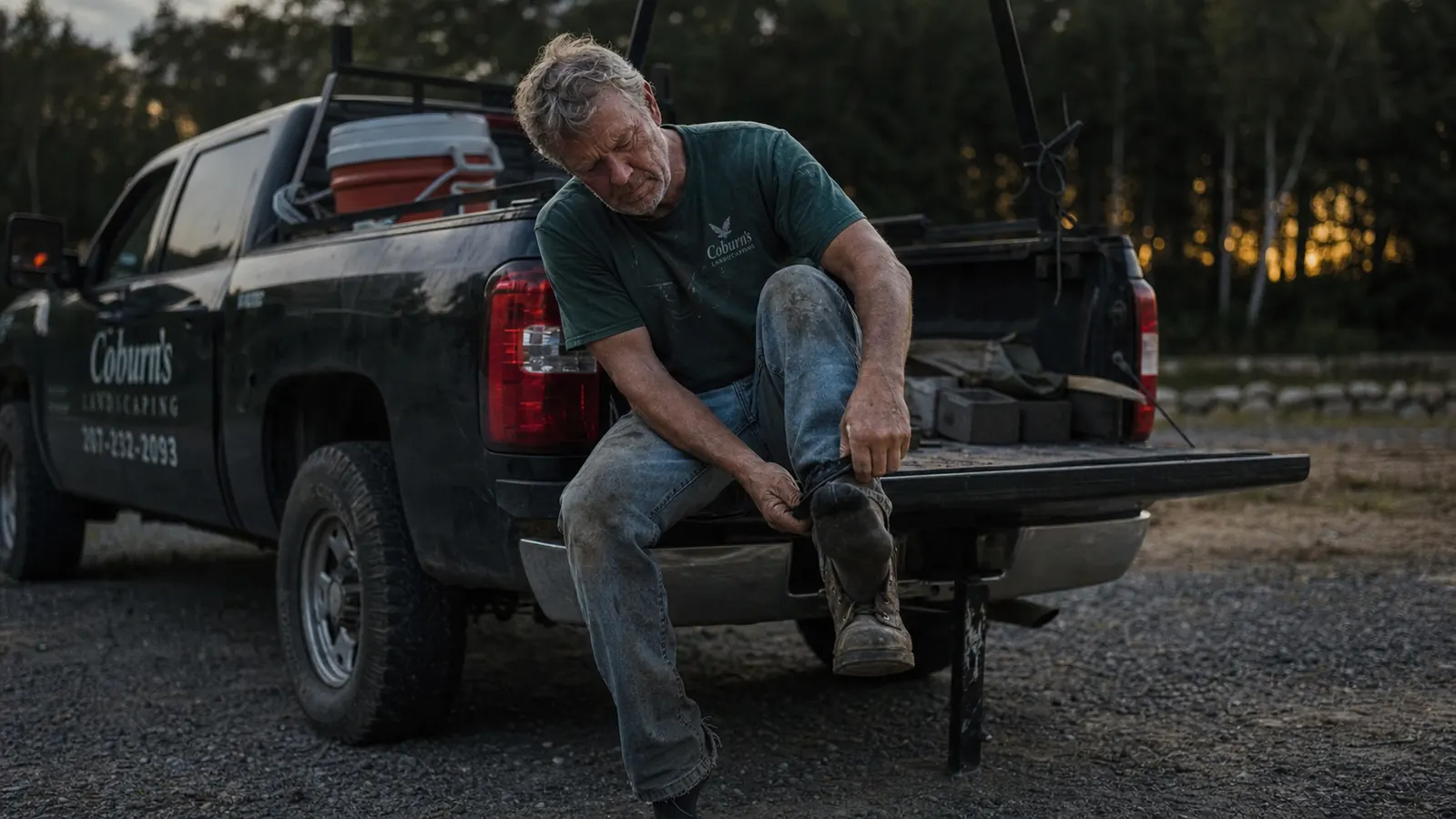 A man pulling off work boots on a truck tailgate at dusk after a long landscaping shift