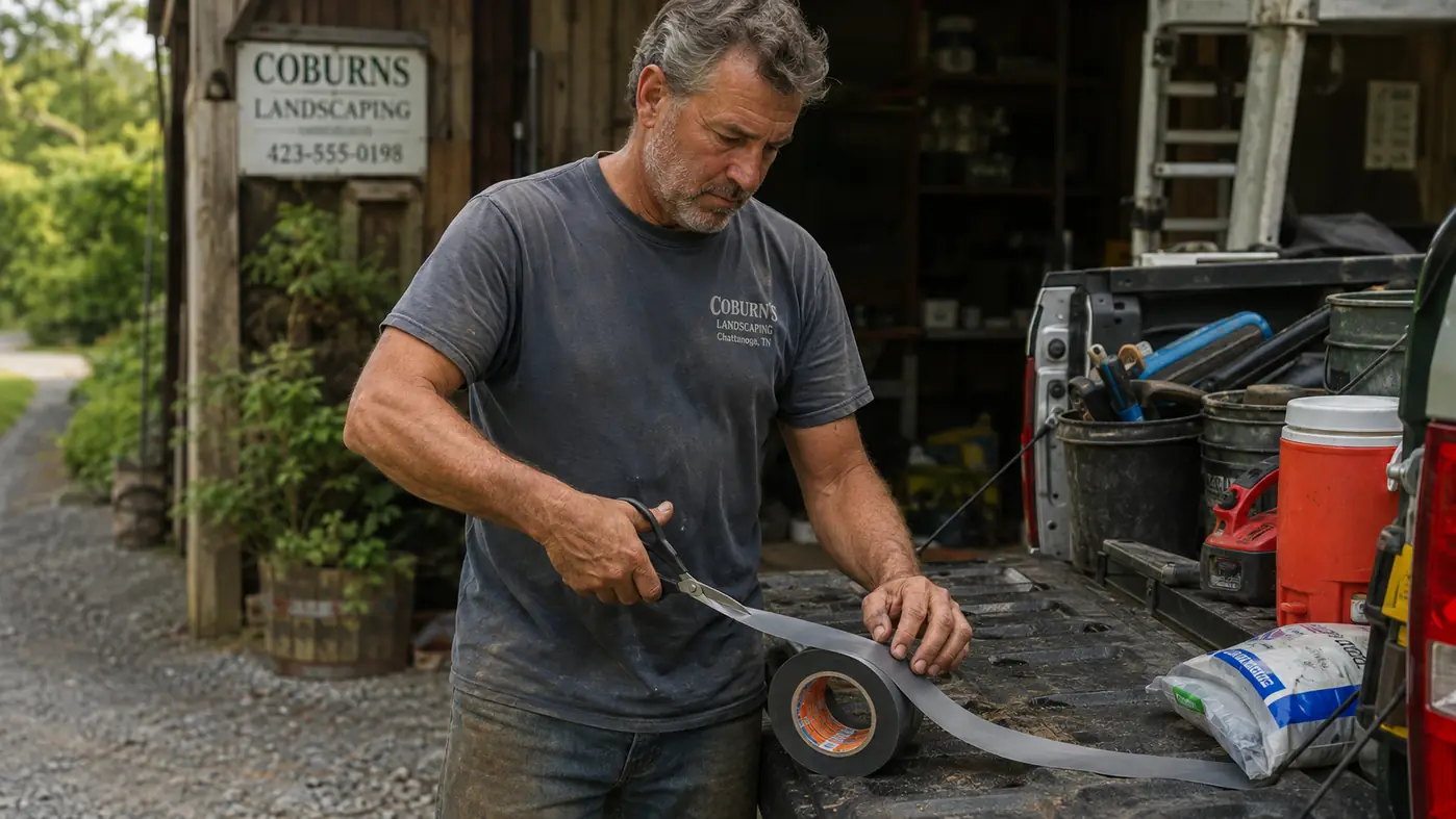 Man in landscaping work clothes cutting a strip of tape off a bulk roll on the tailgate of a truck