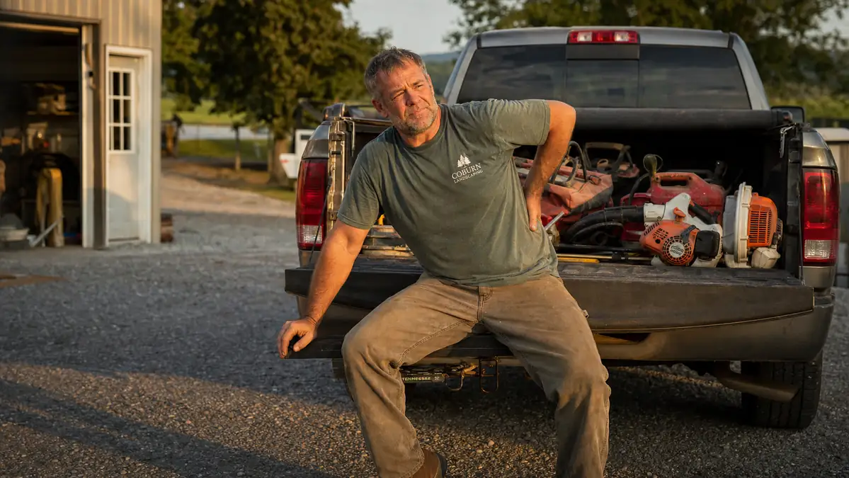 A man sitting on the tailgate of a work truck at the end of the day, boots dusty, stretching his lower back