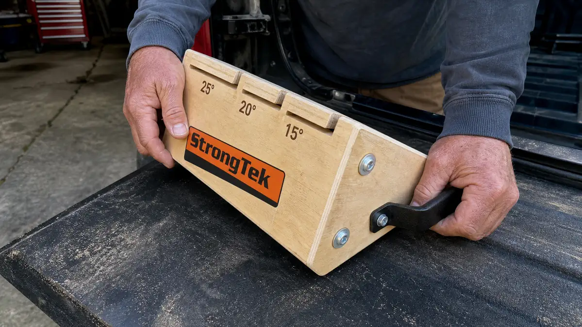 Close-up of the wooden slant board's three angle notches and side handle hardware