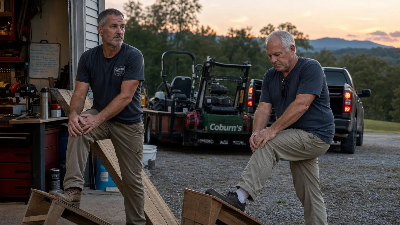 Two men in work boots standing side by side on separate wooden slant boards in a driveway